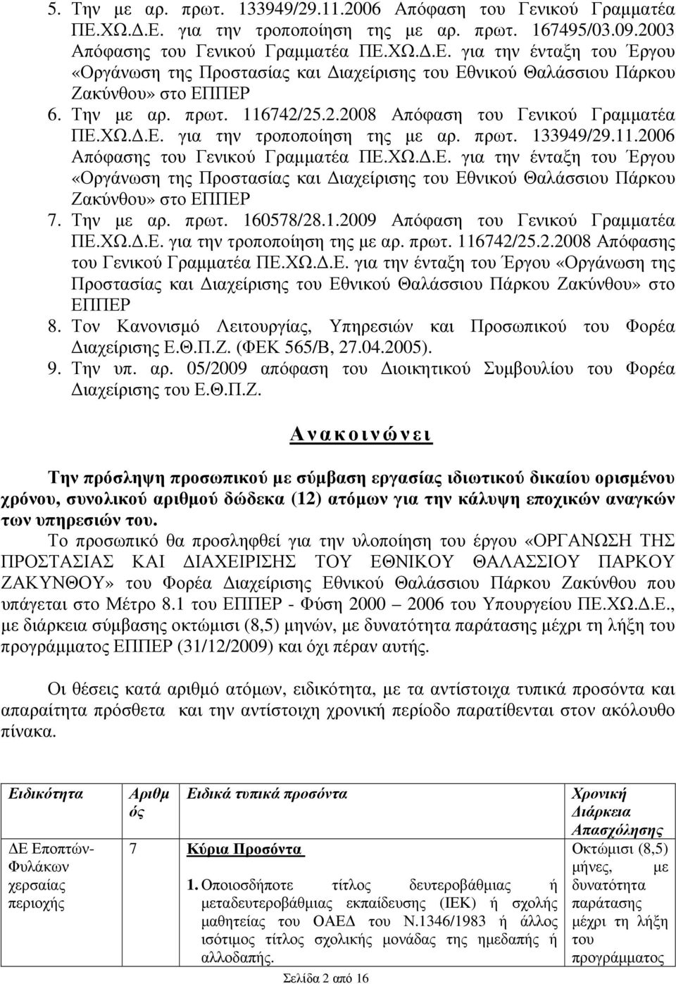 Την µε αρ. πρωτ. 160578/28.1.2009 Απόφαση του Γενικού Γραµµατέα ΠΕ.ΧΩ..Ε. για την τροποποίηση της µε αρ. πρωτ. 116742/25.2.2008 Απόφασης του Γενικού Γραµµατέα ΠΕ.ΧΩ..Ε. για την ένταξη του Έργου «Οργάνωση της Προστασίας και ιαχείρισης του Εθνικού Θαλάσσιου Πάρκου Ζακύνθου» στο ΕΠΠΕΡ 8.