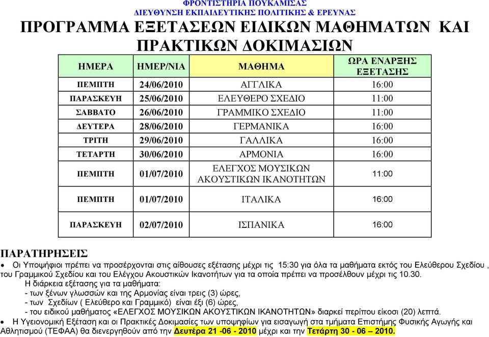 ΠΑΡΑΣΚΕΥΗ 02/07/2010 ΙΣΠΑΝΙΚΑ 16:00 Οι Υποψήφιοι πρέπει να προσέρχονται στις αίθουσες εξέτασης μέχρι τις 15:30 για όλα τα μαθήματα εκτός του Ελεύθερου Σχεδίου, του Γραμμικού Σχεδίου και του Ελέγχου