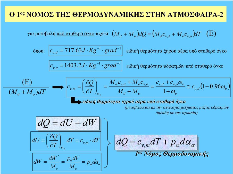 2 υ J Kg gr 1 1 ειδική θερµότητ ξηρού έρ υπό στθερό όγκο ειδική θερµότητ υδρτµών υπό στθερό όγκο (Ε ( T υ U W