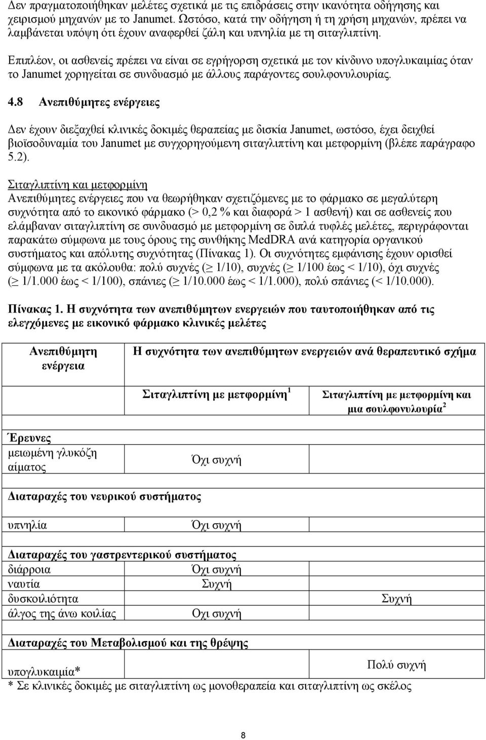 Επιπλέον, οι ασθενείς πρέπει να είναι σε εγρήγορση σχετικά µε τον κίνδυνο υπογλυκαιµίας όταν το Janumet χορηγείται σε συνδυασµό µε άλλους παράγοντες σουλφονυλουρίας. 4.