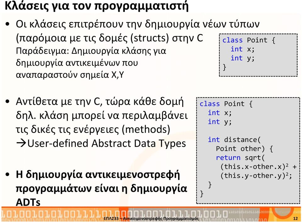 κλάση μπορεί να περιλαμβάνει τις δικές τις ενέργειες (methods) User-defined Abstract Data Types Η δημιουργία αντικειμενοστρεφή προγραμμάτων είναι η