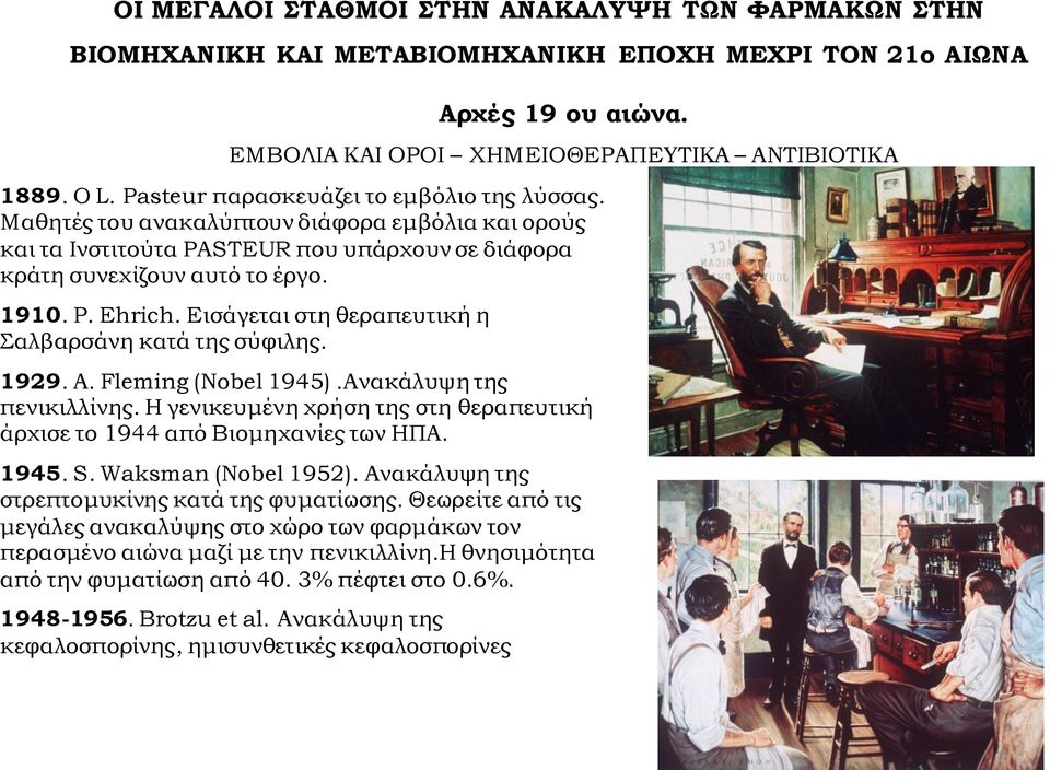 Εισάγεται στη θεραπευτική η αλβαρσάνη κατά της σύφιλης. 1929. A. Fleming (Nobel 1945).Ανακάλυψη της πενικιλλίνης. Η γενικευμένη χρήση της στη θεραπευτική άρχισε το 1944 από Βιομηχανίες των ΗΠΑ. 1945. S.