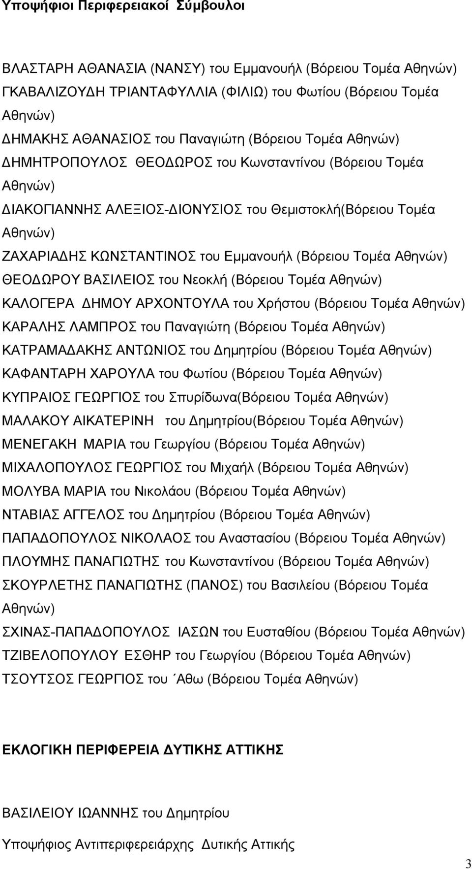 ΔΗΜΟΥ ΑΡΧΟΝΤΟΥΛΑ του Χρήστου (Βόρειου Τομέα ΚΑΡΑΛΗΣ ΛΑΜΠΡΟΣ του Παναγιώτη (Βόρειου Τομέα ΚΑΤΡΑΜΑΔΑΚΗΣ ΑΝΤΩΝΙΟΣ του Δημητρίου (Βόρειου Τομέα ΚΑΦΑΝΤΑΡΗ ΧΑΡΟΥΛΑ του Φωτίου (Βόρειου Τομέα ΚΥΠΡΑΙΟΣ