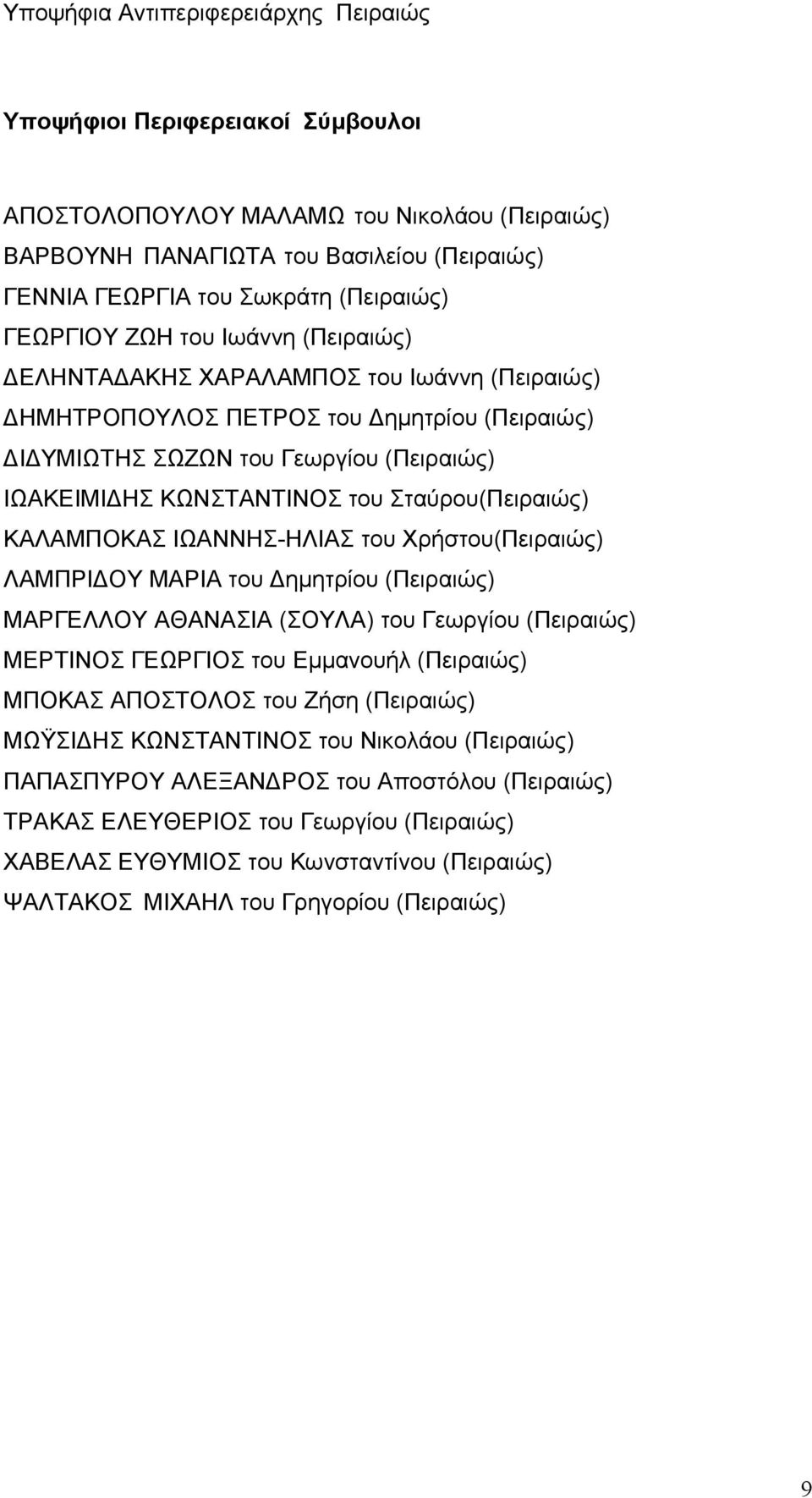 ΙΩΑΝΝΗΣ-ΗΛΙΑΣ του Χρήστου(Πειραιώς) ΛΑΜΠΡΙΔΟΥ ΜΑΡΙΑ του Δημητρίου (Πειραιώς) ΜΑΡΓΕΛΛΟΥ ΑΘΑΝΑΣΙΑ (ΣΟΥΛΑ) του Γεωργίου (Πειραιώς) ΜΕΡΤΙΝΟΣ ΓΕΩΡΓΙΟΣ του Εμμανουήλ (Πειραιώς) ΜΠΟΚΑΣ ΑΠΟΣΤΟΛΟΣ του Ζήση