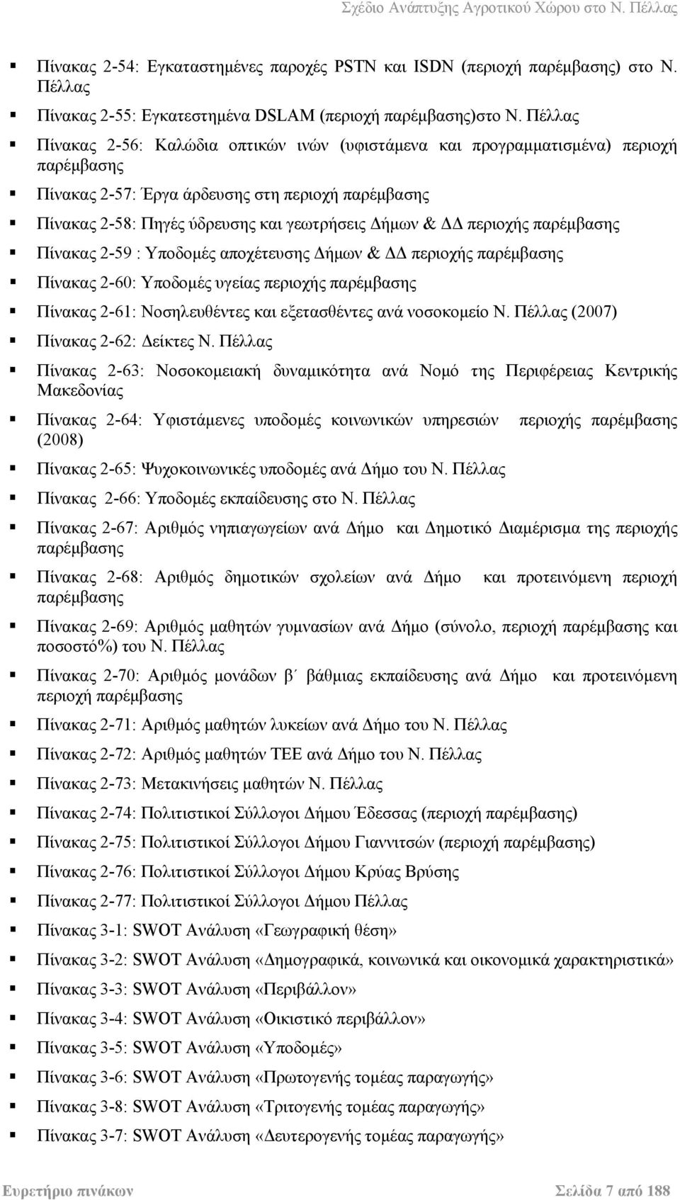 ΔΔ περιοχής παρέμβασης Πίνακας 2-59 : Υποδομές αποχέτευσης Δήμων & ΔΔ περιοχής παρέμβασης Πίνακας 2-60: Υποδομές υγείας περιοχής παρέμβασης Πίνακας 2-61: Νοσηλευθέντες και εξετασθέντες ανά νοσοκομείο