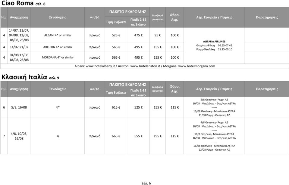 Διαφορά μον/νου Αερ. MORGANA 4* or similar πρωινό 565 495 155 100 ALITALIA AIRLINES Θεσ/νικη Ρώμη 06.55 07.45 Ρώμη Θεσ/νίκη 21.25 00.10 Albani: www.hotelalbany.it / Ariston: www.hotelariston.