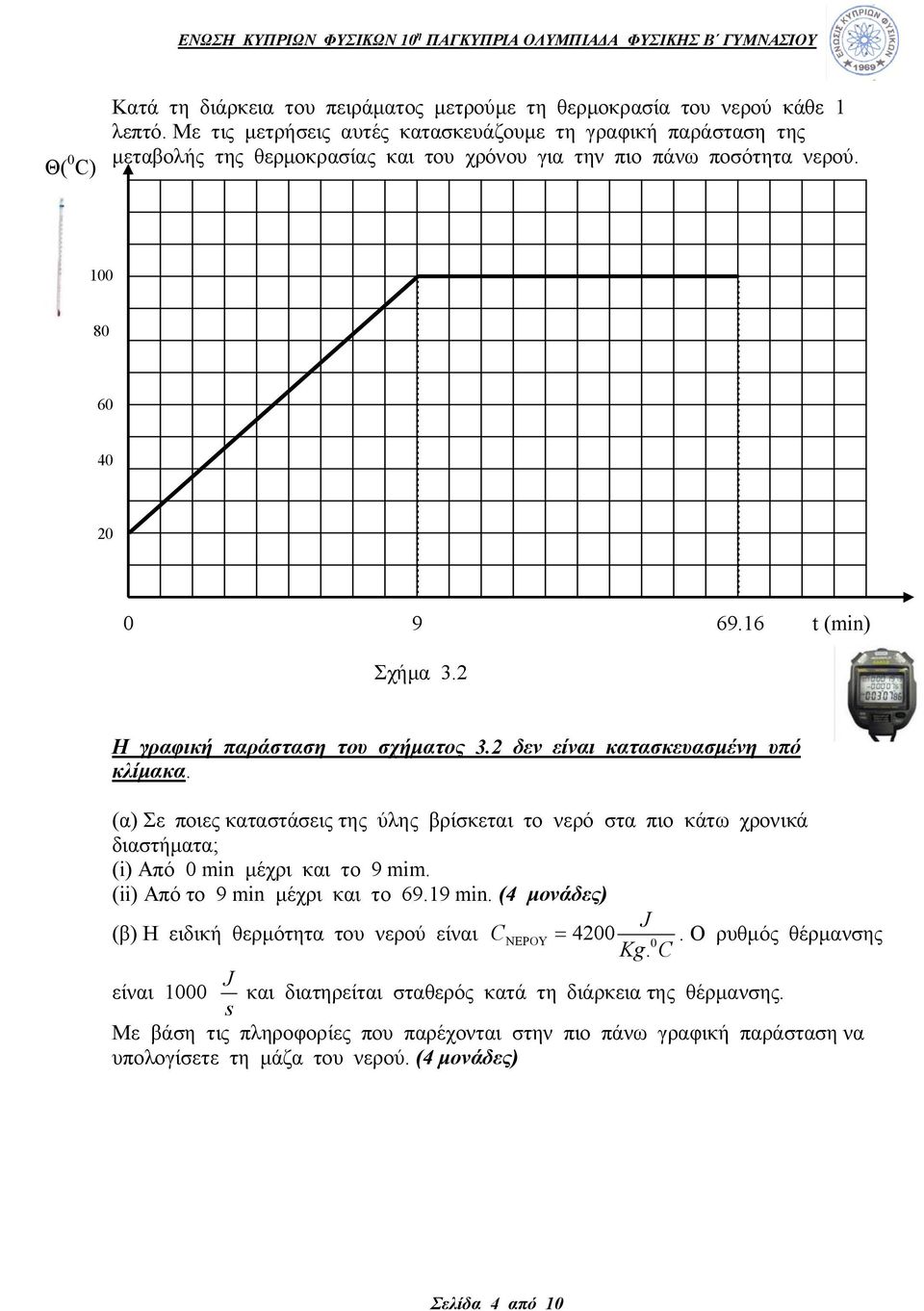 2 Η γραφική παράσταση του σχήματος 3.2 δεν είναι κατασκευασμένη υπό κλίμακα. (α) Σε ποιες καταστάσεις της ύλης βρίσκεται το νερό στα πιο κάτω χρονικά διαστήματα; (i) Από 0 min μέχρι και το 9 mim.