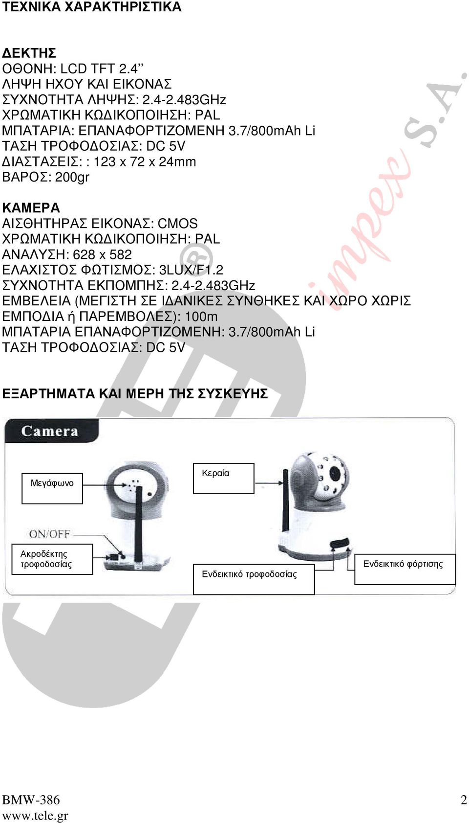 ΕΛΑΧΙΣΤΟΣ ΦΩΤΙΣΜΟΣ: 3LUX/F1.2 ΣΥΧΝΟΤΗΤΑ ΕΚΠΟΜΠΗΣ: 2.4-2.