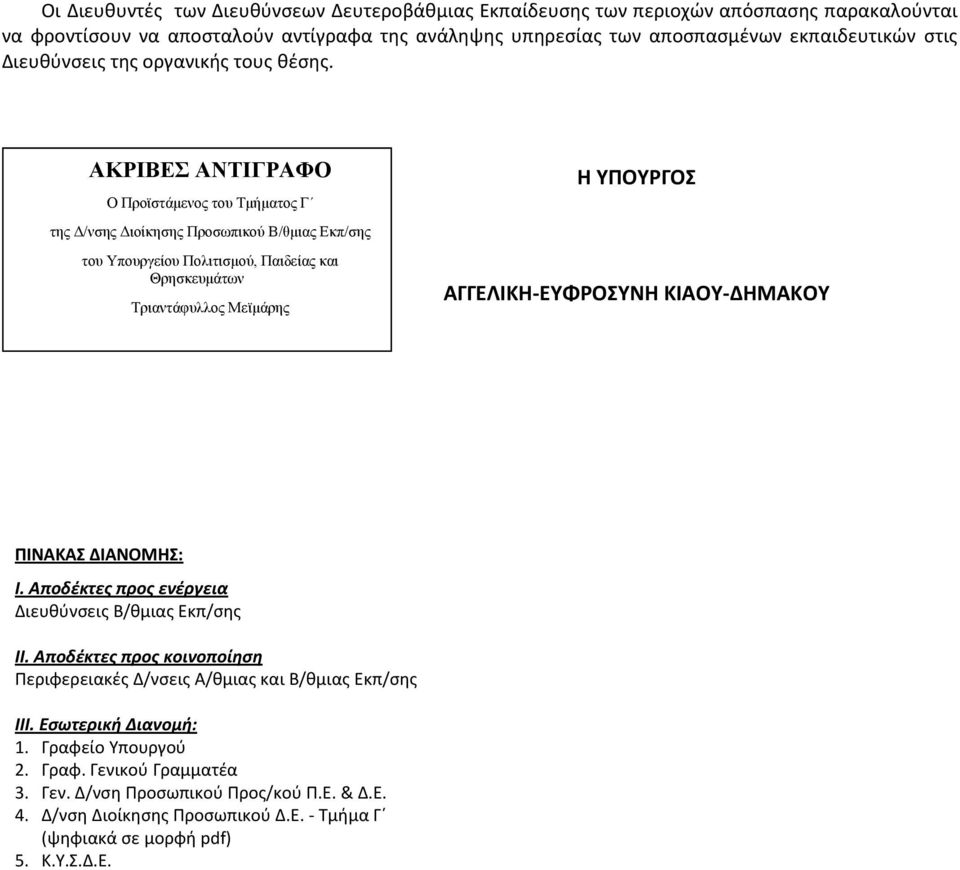 ΑΚΡΙΒΕΣ ΑΝΤΙΓΡΑΦΟ Ο Προϊστάμενος του Τμήματος Γ της Δ/νσης Διοίκησης Προσωπικού Β/θμιας Εκπ/σης του Υπουργείου Πολιτισμού, Παιδείας και Θρησκευμάτων Τριαντάφυλλος Μεϊμάρης Η ΥΠΟΥΡΓΟΣ
