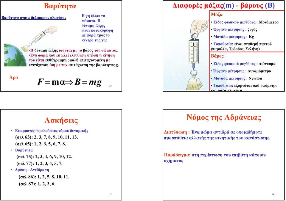 F= m α B= mg 25 ιαφορές µάζας(m) - βάρους (B) Μάζα Είδος φυσικού µεγέθους : Μονόµετρο Όργανο µέτρησης : ζυγός Μονάδα µέτρησης : Kg Τοποθεσία: είναι σταθερή παντού (παραλία, Τρόοδος, Σελήνη) Βάρος