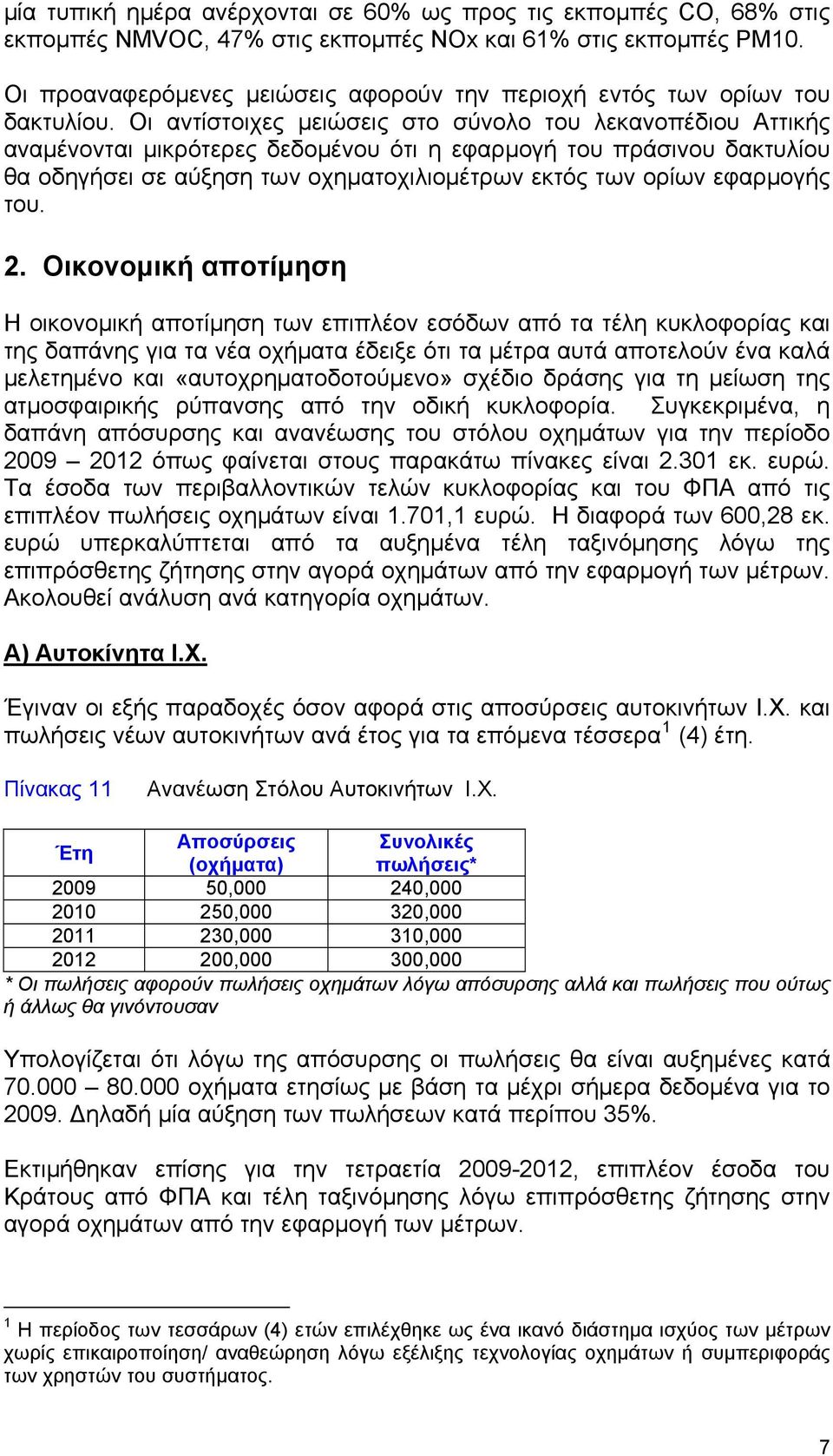 Οι αντίστοιχες μειώσεις στο σύνολο του λεκανοπέδιου Αττικής αναμένονται μικρότερες δεδομένου ότι η εφαρμογή του πράσινου δακτυλίου θα οδηγήσει σε αύξηση των οχηματοχιλιομέτρων εκτός των ορίων