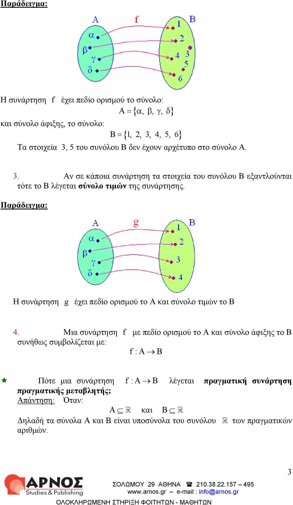 Παράδειγμα: Η συνάρτηση g έχει πεδίο ορισμού το Α και σύνολο τιμών το Β 4.