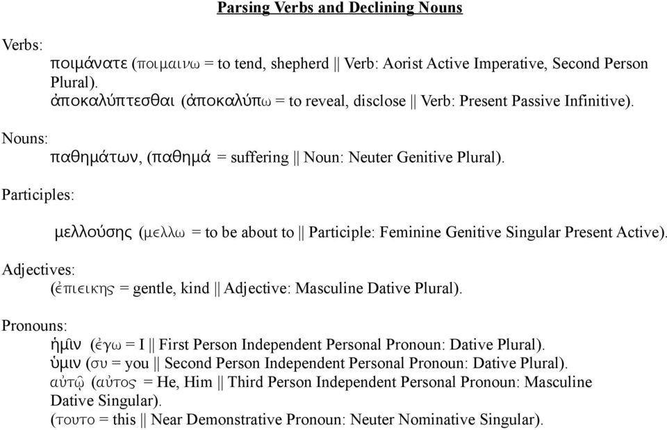 Participles: μελλούσης (mellw = to be about to Participle: Feminine Genitive Singular Present Active). Adjectives: (ejpieikh" = gentle, kind Adjective: Masculine Dative Plural).