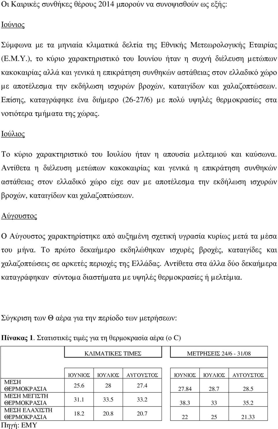 καταιγίδων και χαλαζοπτώσεων. Επίσης, καταγράφηκε ένα διήµερο (26-27/6) µε πολύ υψηλές θερµοκρασίες στα νοτιότερα τµήµατα της χώρας.