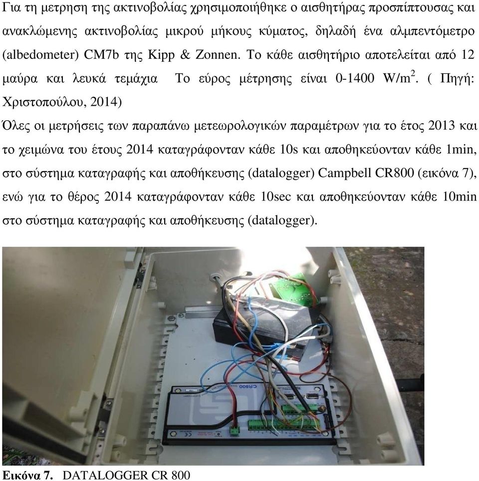 ( Πηγή: Χριστοπούλου, 2014) Όλες οι μετρήσεις των παραπάνω μετεωρολογικών παραμέτρων για το έτος 2013 και το χειμώνα του έτους 2014 καταγράφονταν κάθε 10s και αποθηκεύονταν κάθε