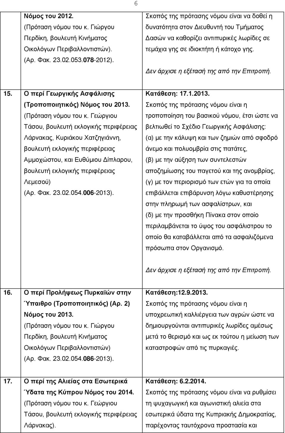 Ο περί Γεωργικής Ασφάλισης (Τροποποιητικός) Νόμος του 2013. (Πρόταση νόμου του κ.