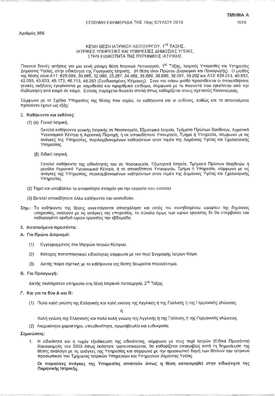 Διορισμού και Προαγωγής), Ο μισθός της θέσης είναι All: 29,684, 30,885, 32,086, 33.287, 34.488, 35.689, 36.890, 38.091, 39.292 και Α13: 39.013, 40.553, 42.093, 43.633, 45,173, 46.713, 48.