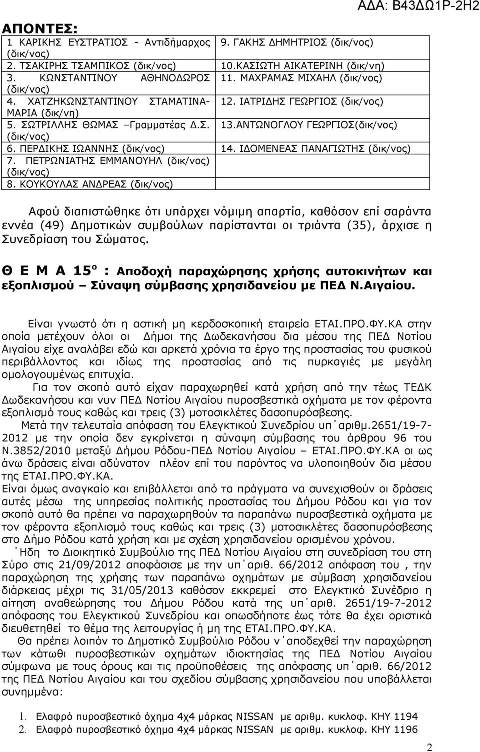 ΚΟΥΚΟΥΛΑΣ ΑΝΔΡΕΑΣ ΑΔΑ: Β43ΔΩ1Ρ-2Η2 Αφού διαπιστώθηκε ότι υπάρχει νόμιμη απαρτία, καθόσον επί σαράντα εννέα (49) Δημοτικών συμβούλων παρίστανται οι τριάντα (35), άρχισε η Συνεδρίαση του Σώματος.