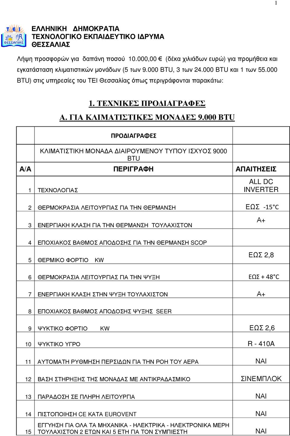 000 BTU ΠΡΟΔΙΑΓΡΑΦΕΣ ΚΛΙΜΑΤΙΣΤΙΚΗ ΜΟΝΑ Α ΙΑΙΡΟΥΜΕΝΟΥ ΤΥΠΟΥ ΙΣΧΥΟΣ 9000 BTU Α/Α ΠΕΡΙΓΡΑΦΗ ΑΠΑΙΤΗΣΕΙΣ 1 ΤΕΧΝΟΛΟΓΙΑΣ ALL DC INVERTER 2 ΘΕΡΜΟΚΡΑΣΙΑ ΛΕΙΤΟΥΡΓΙΑΣ ΓΙΑ ΤΗΝ ΘΕΡΜΑΝΣΗ ΕΩΣ -15 C 3 ΕΝΕΡΓΙΑΚΗ