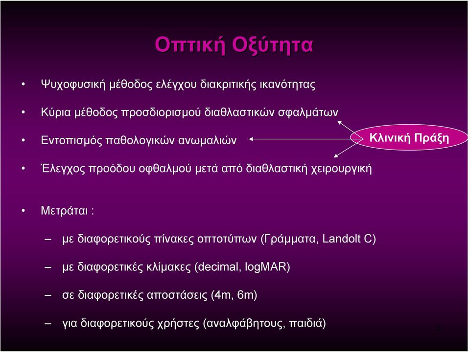 διαθλαστική χειρουργική Μετράται : με διαφορετικούς πίνακες οπτοτύπων (Γράμματα, Landolt C) με