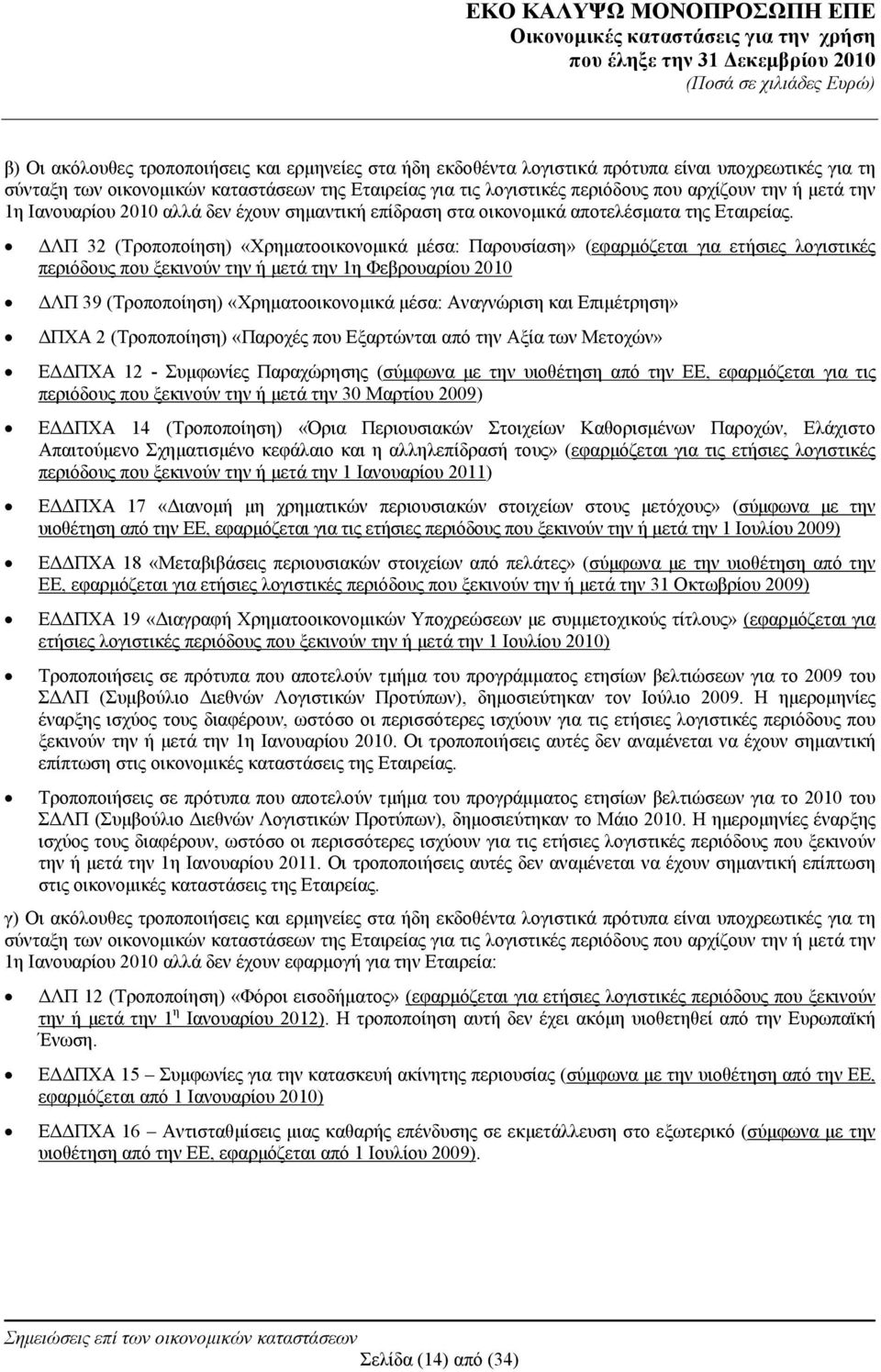 ΔΛΠ 32 (Τροποποίηση) «Χρηματοοικονομικά μέσα: Παρουσίαση» (εφαρμόζεται για ετήσιες λογιστικές περιόδους που ξεκινούν την ή μετά την 1η Φεβρουαρίου 2010 ΔΛΠ 39 (Τροποποίηση) «Χρηματοοικονομικά μέσα: