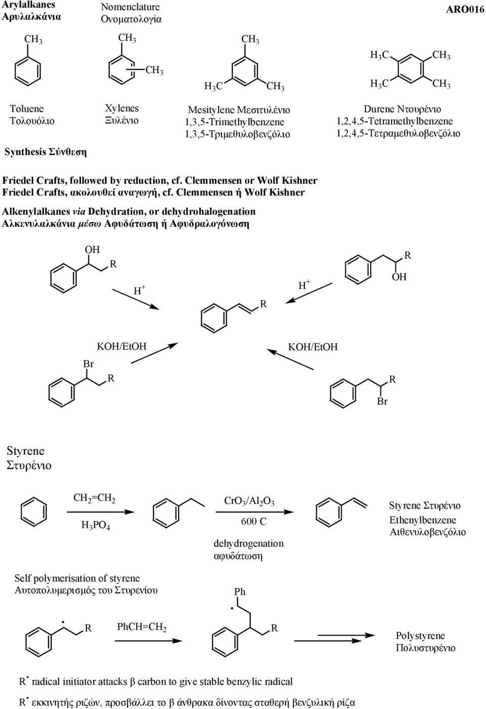 emmensen ή Wolf Kishner Alkenylalkanes via Dehydration, or dehydrohalogenation Αλκενυλαλκάνια µέσω Αφυδάτωση ή Αφυδραλογόνωση K/Et K/Et Styrene Στυρένιο C 2 =C 2 3 P 4 Cr 3 /Al 2 3 600 C