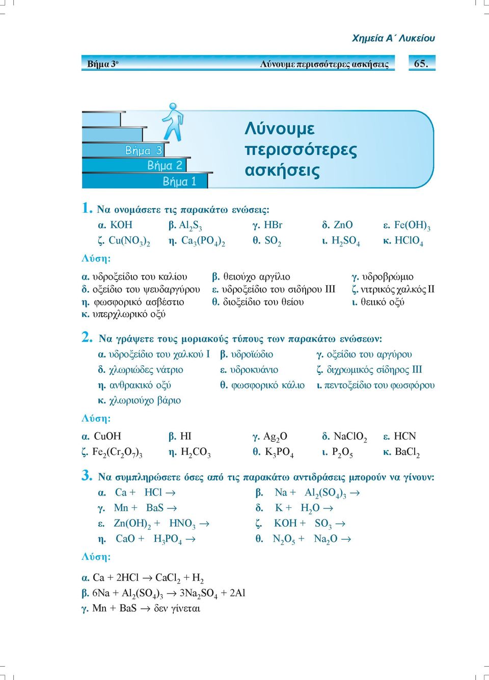 διοξείδιο του θείου ι. θειικό οξύ κ. υπερχλωρικό οξύ 2. Να γράψετε τους μοριακούς τύπους των παρακάτω ενώσεων: α. υδροξείδιο του χαλκού Ι β. υδροϊώδιο γ. οξείδιο του αργύρου δ. χλωριώδες νάτριο ε.