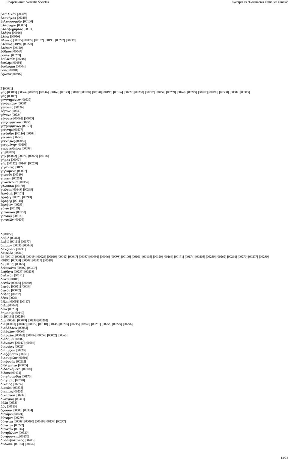[00189] [00190] [00195] [00196] [00229] [00232] [00252] [00257] [00259] [00268] [00279] [00282] [00298] [00300] [00302] [00315] γάρ [00017] γεγενηµένων [00232] γεγόναµεν [00087] γέγονας [00136]