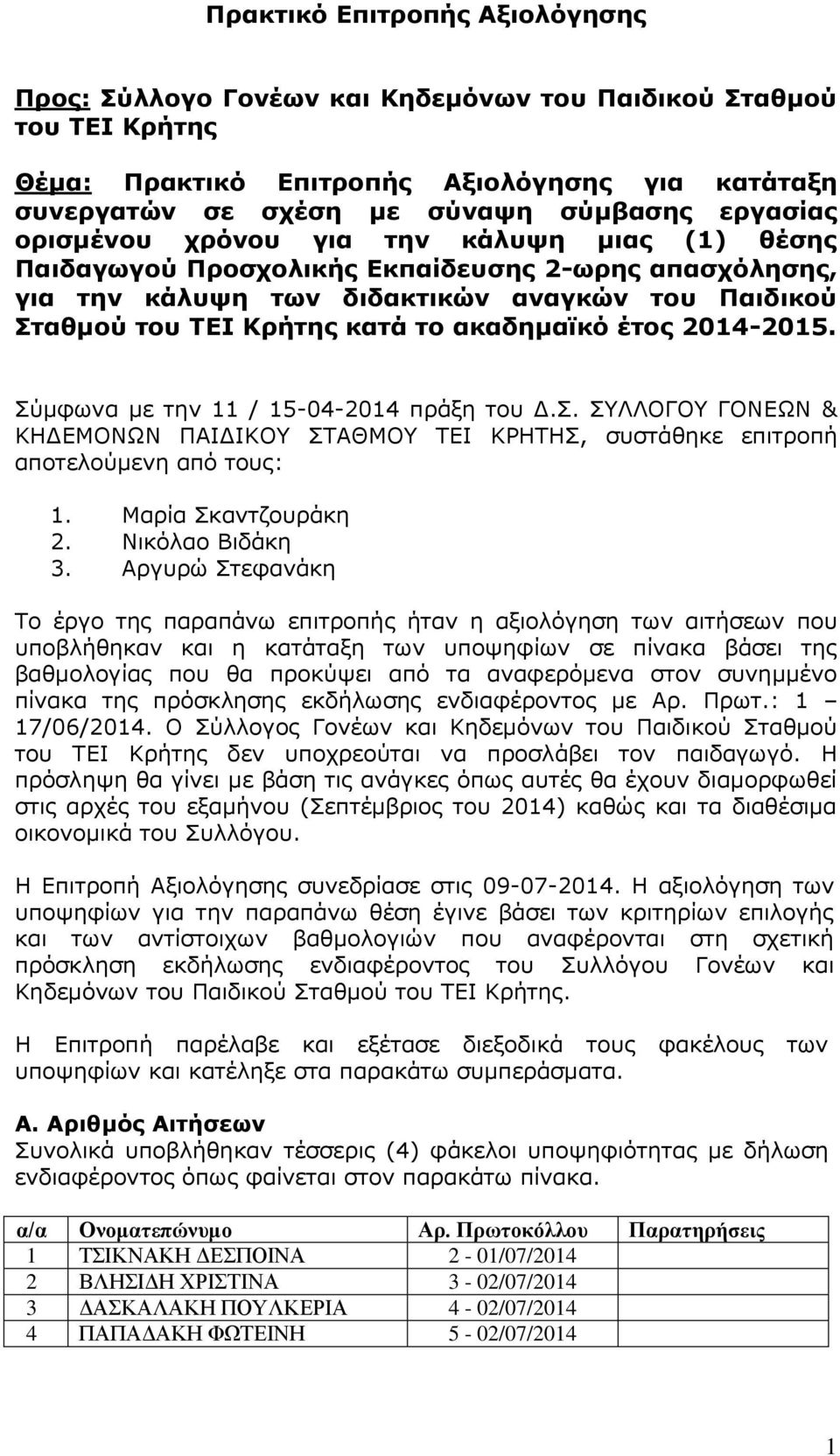 2014-2015. Σύμφωνα με την 11 / 15-04-2014 πράξη του Δ.Σ. ΣΥΛΛΟΓΟΥ ΓΟΝΕΩΝ & ΚΗΔΕΜΟΝΩΝ ΠΑΙΔΙΚΟΥ ΣΤΑΘΜΟΥ ΤΕΙ ΚΡΗΤΗΣ, συστάθηκε επιτροπή αποτελούμενη από τους: 1. Μαρία Σκαντζουράκη 2. Νικόλαο Βιδάκη 3.