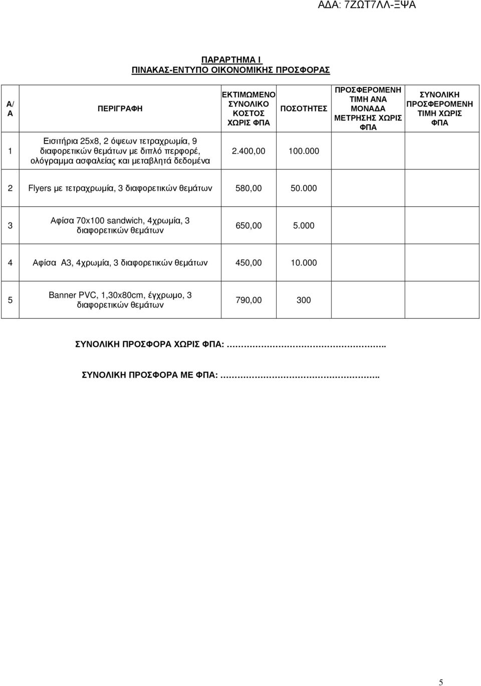 400,00 100.000 2 Flyers µε τετραχρωµία, 3 διαφορετικών θεµάτων 580,00 50.000 3 Αφίσα 70x100 sandwich, 4χρωµία, 3 διαφορετικών θεµάτων 650,00 5.