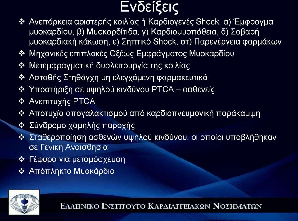 επιπλοκές Οξέως Εμφράγματος Μυοκαρδίου Μετεμφραγματική δυσλειτουργία της κοιλίας Ασταθής Στηθάγχη μη ελεγχόμενη φαρμακευτικά Υποστήριξη σε υψηλού