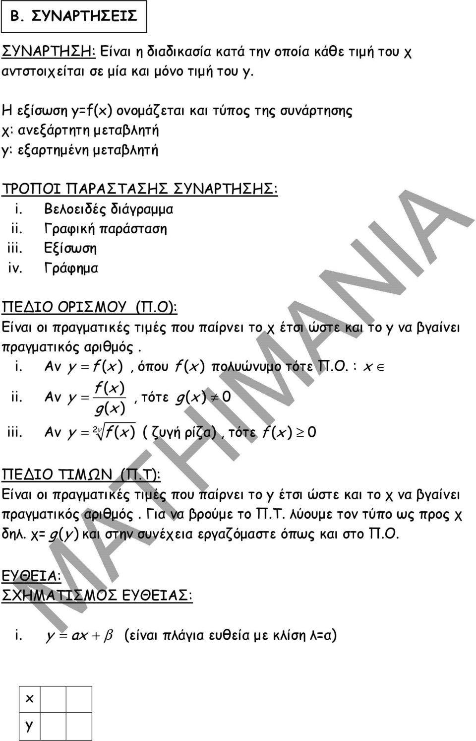 Γράφηµα ΠΕΔΙΟ ΟΡΙΣΜΟΥ (Π.Ο): Είαι οι πραγµατικές τιµές που παίρει το χ έτσι ώστε και το y α βγαίει πραγµατικός αριθµός. i. Α y = f ( x ), όπου f ( x ) πολυώυµο τότε Π.Ο. : x ii.