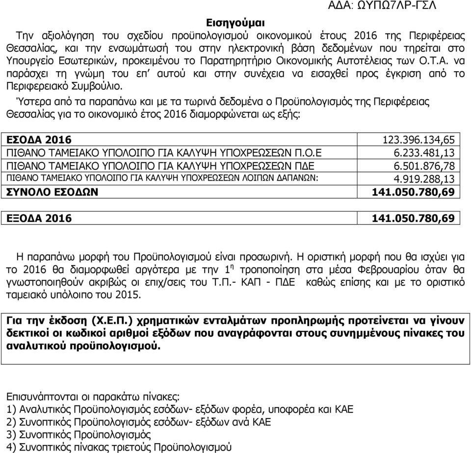 Ύστερα από τα παραπάνω και µε τα τωρινά δεδοµένα ο Προϋπολογισµός της Περιφέρειας Θεσσαλίας για το οικονοµικό έτος 2016 διαµορφώνεται ως εξής: ΕΣΟ Α 2016 123.396.