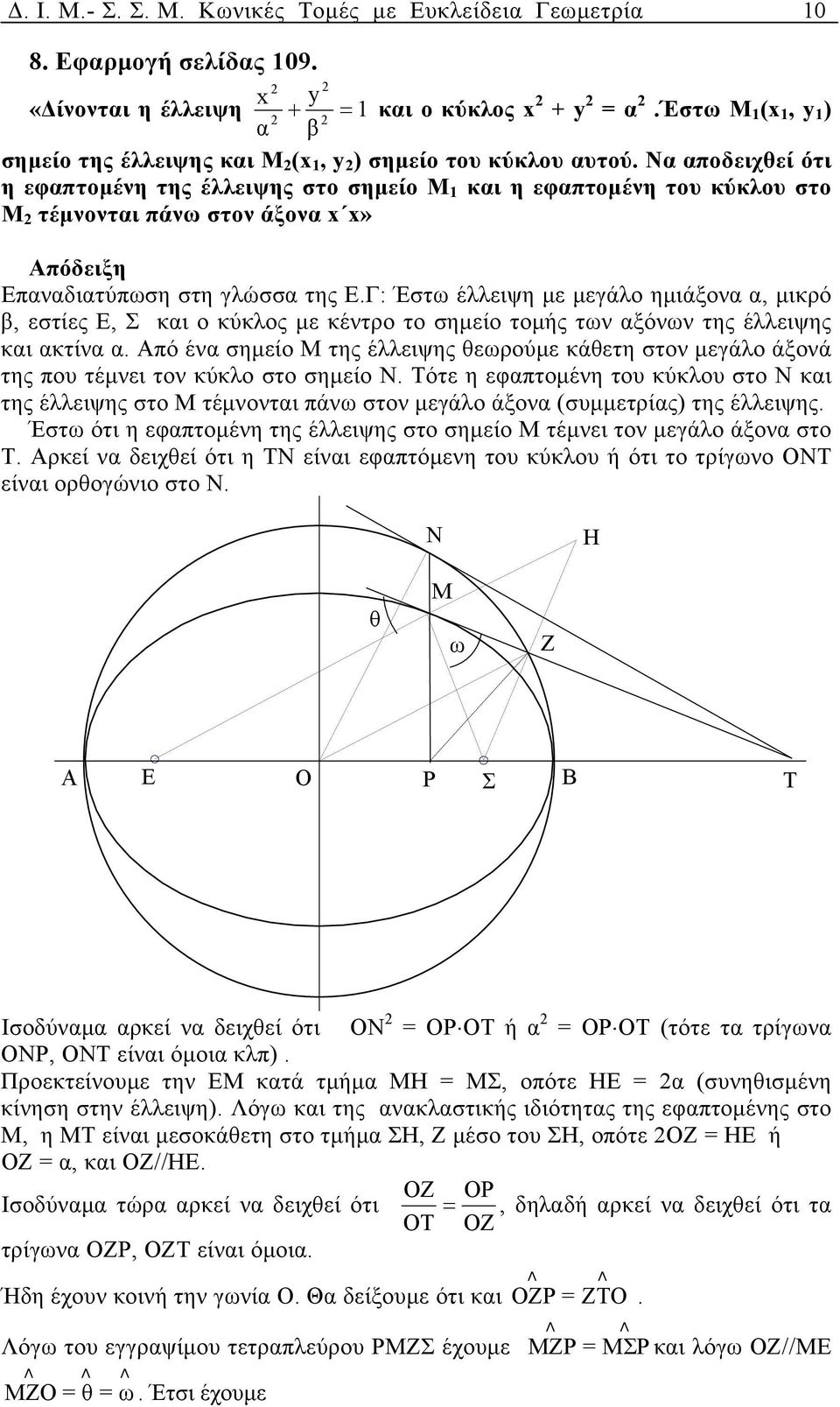 Ν ποδειχθεί ότι η εφπτοµένη της έλλειψης στο σηµείο Μ 1 κι η εφπτοµένη του κύκλου στο Μ τέµνοντι πάνω στον άξον x x» Απόδειξη Επνδιτύπωση στη γλώσσ της Ε.