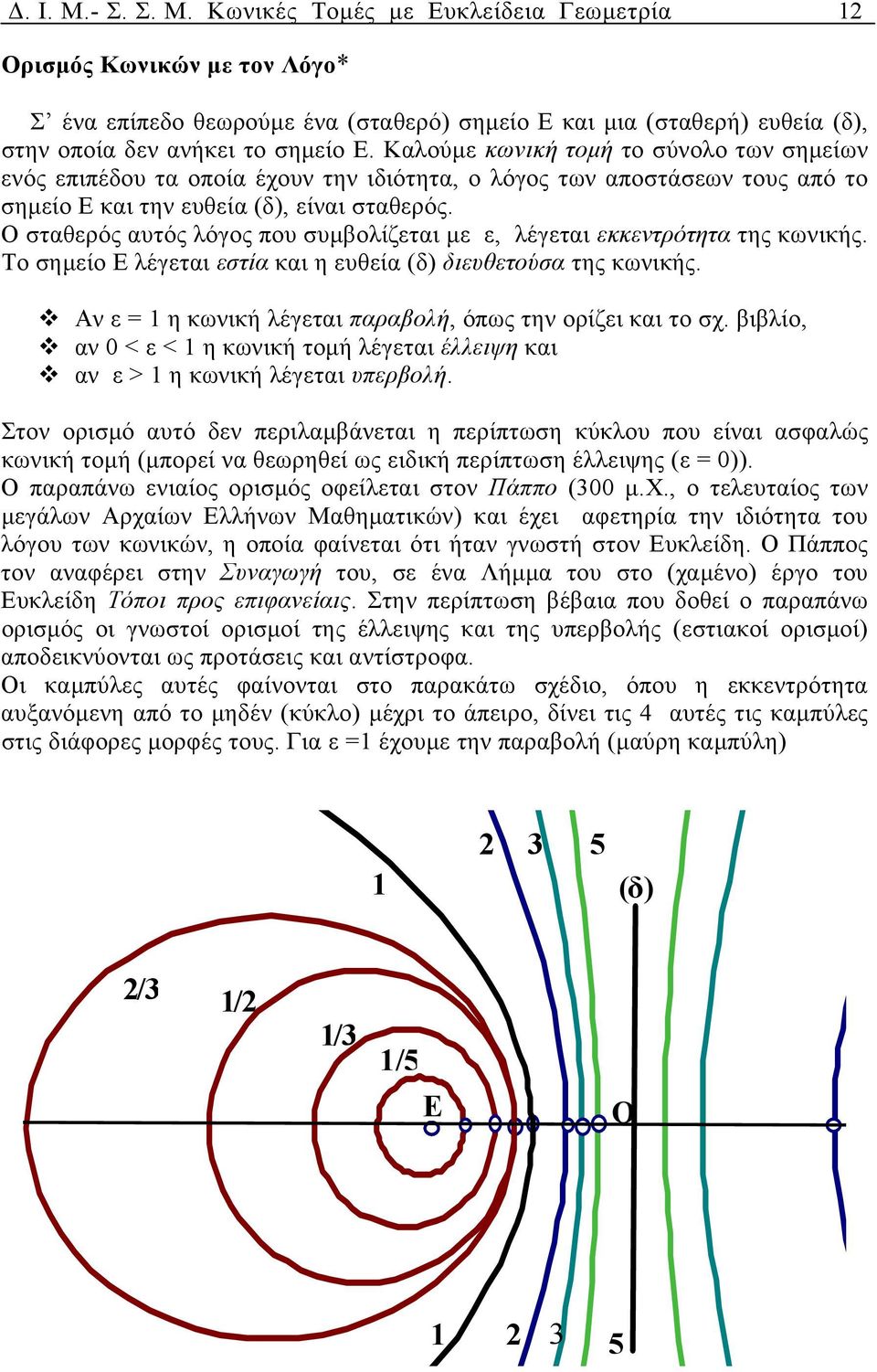 Ο στθερός υτός λόγος που συµβολίζετι µε ε, λέγετι εκκεντρότητ της κωνικής. Το σηµείο Ε λέγετι εστί κι η ευθεί (δ) διευθετούσ της κωνικής. Αν ε 1 η κωνική λέγετι πρβολή, όπως την ορίζει κι το σχ.