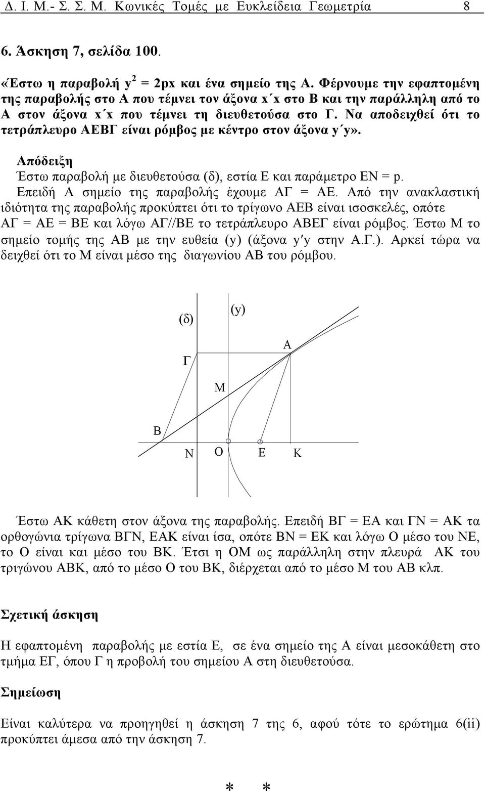 Ν ποδειχθεί ότι το τετράπλευρο ΑΕΒΓ είνι ρόµβος µε κέντρο στον άξον y y». Απόδειξη Έστω πρβολή µε διευθετούσ (δ), εστί Ε κι πράµετρο ΕΝ p. Επειδή Α σηµείο της πρβολής έχουµε ΑΓ ΑΕ.