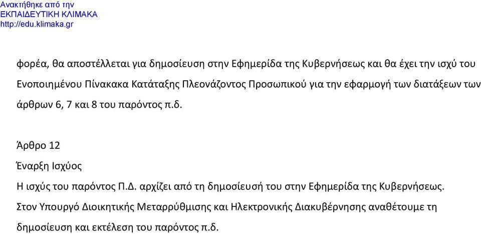 Δ. αρχίζει από τη δημοσίευσή του στην Εφημερίδα της Κυβερνήσεως.