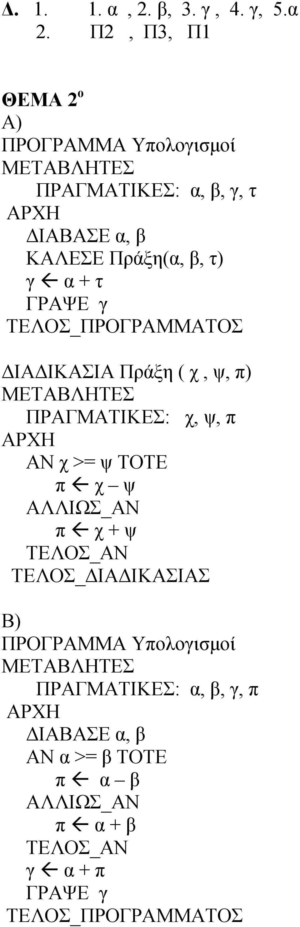 γ α + τ ΓΡΑΨΕ γ ΤΕΛΟΣ_ΠΡΟΓΡΑΜΜΑΤΟΣ ΔΙΑΔΙΚΑΣΙΑ Πράξη ( χ, ψ, π) ΜΕΤΑΒΛΗΤΕΣ ΠΡΑΓΜΑΤΙΚΕΣ: χ, ψ, π ΑΡΧΗ ΑΝ χ >= ψ ΤΟΤΕ π χ ψ