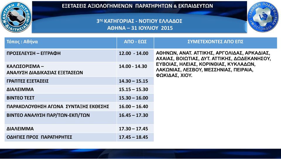 ΑΤΤΙΚΗΣ, Ω ΕΚΑΝΗΣΟΥ, 4.00-4.30 ΓΡΑΠΤΕΣ ΕΞΕΤΑΣΕΙΣ 4.30 5.5 ΔΙΑΛΕΙΜ 5.5 5.30 ΒΙΝΤΕΟ ΤΕΣΤ 5.30 6.00 ΠΑΡΑΚΟΛΟΥΘΗΣΗ ΑΓΩΝΑ ΣΥΝΤΑΞΗΣ ΕΚΘΕΣΗΣ 6.00 6.