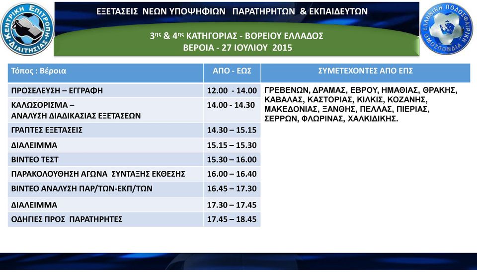 ΓΡΑΠΤΕΣ ΕΞΕΤΑΣΕΙΣ 4.30 5.5 ΔΙΑΛΕΙΜ 5.5 5.30 ΒΙΝΤΕΟ ΤΕΣΤ 5.30 6.00 ΠΑΡΑΚΟΛΟΥΘΗΣΗ ΑΓΩΝΑ ΣΥΝΤΑΞΗΣ ΕΚΘΕΣΗΣ 6.00 6.40 ΒΙΝΤΕΟ ΑΝΑΛΥΣΗ ΠΑΡ/ΤΩΝ-ΕΚΠ/ΤΩΝ 6.