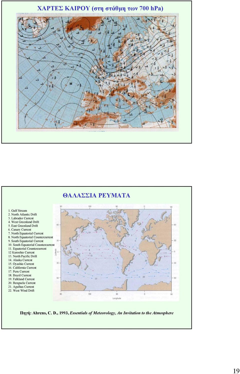Equatorial Countercurrent 12 Kuroshio Current 13. North Pacific Drift 14. Alaska Current 15. Oyashio Current 16. California Current 17. Peru Current 18.