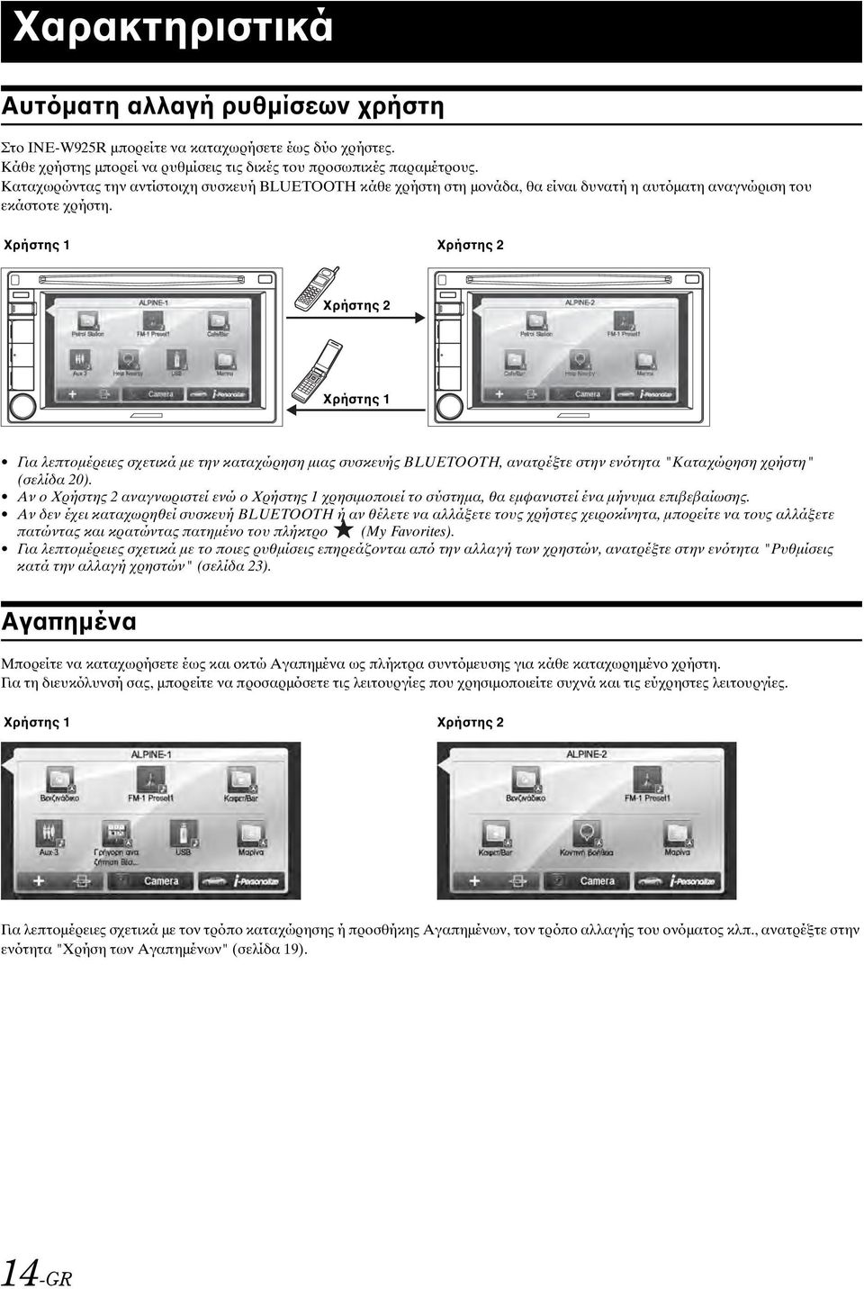 Χρήστης 1 Χρήστης 2 Χρήστης 2 Χρήστης 1 Για λεπτομέρειες σχετικά με την καταχώρηση μιας συσκευής BLUETOOTH, ανατρέξτε στην ενότητα "Καταχώρηση χρήστη" (σελίδα 20).