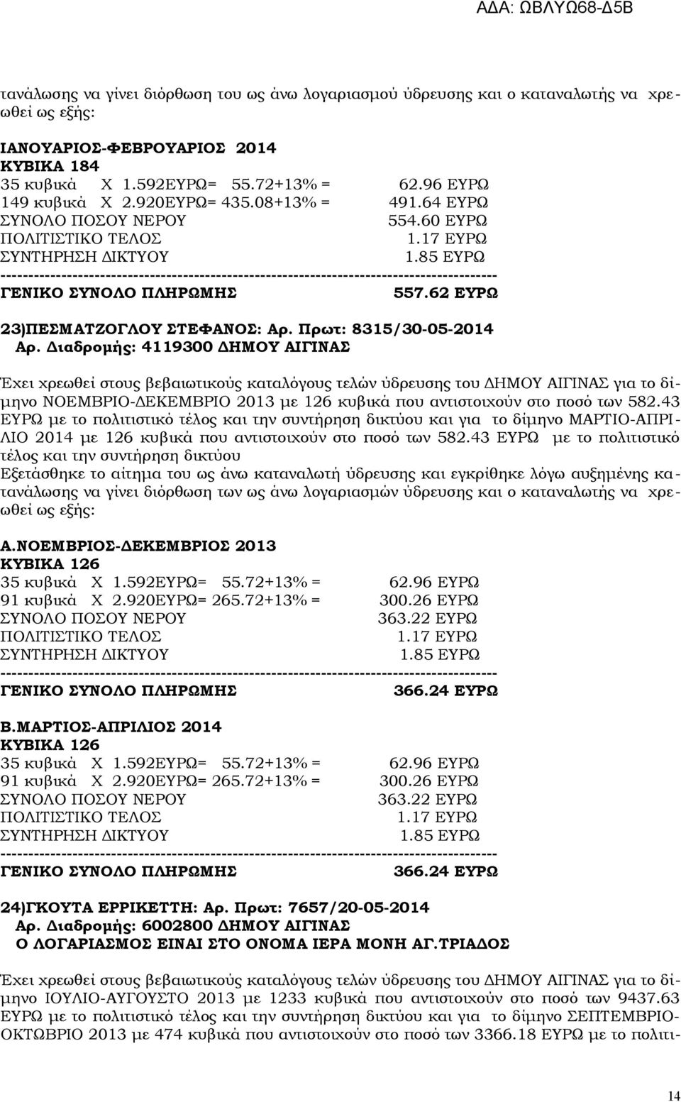 43 ΕΥΡΩ με το πολιτιστικό τέλος και την συντήρηση δικτύου και για το δίμηνο ΜΑΡΤΙΟ-ΑΠΡΙ- ΛΙΟ 2014 με 126 κυβικά που αντιστοιχούν στο ποσό των 582.