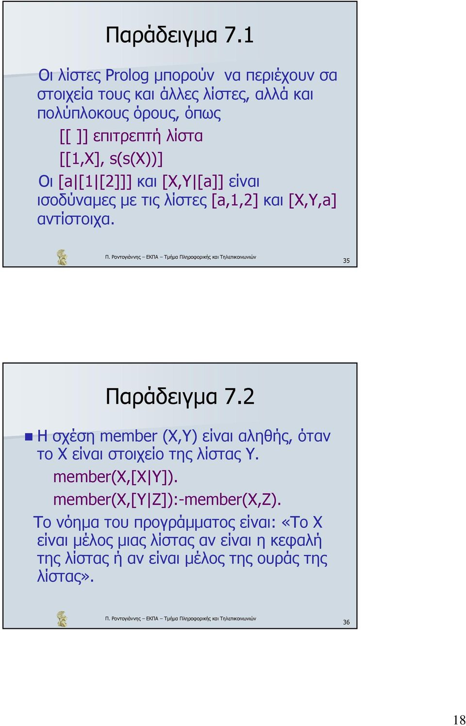 [[1,Χ], s(s(x))] Οι [a [1 [2]]] και [Χ,Υ [a]] είναι ισοδύναµες µε τις λίστες [a,1,2] και [X,Y,a] αντίστοιχα.