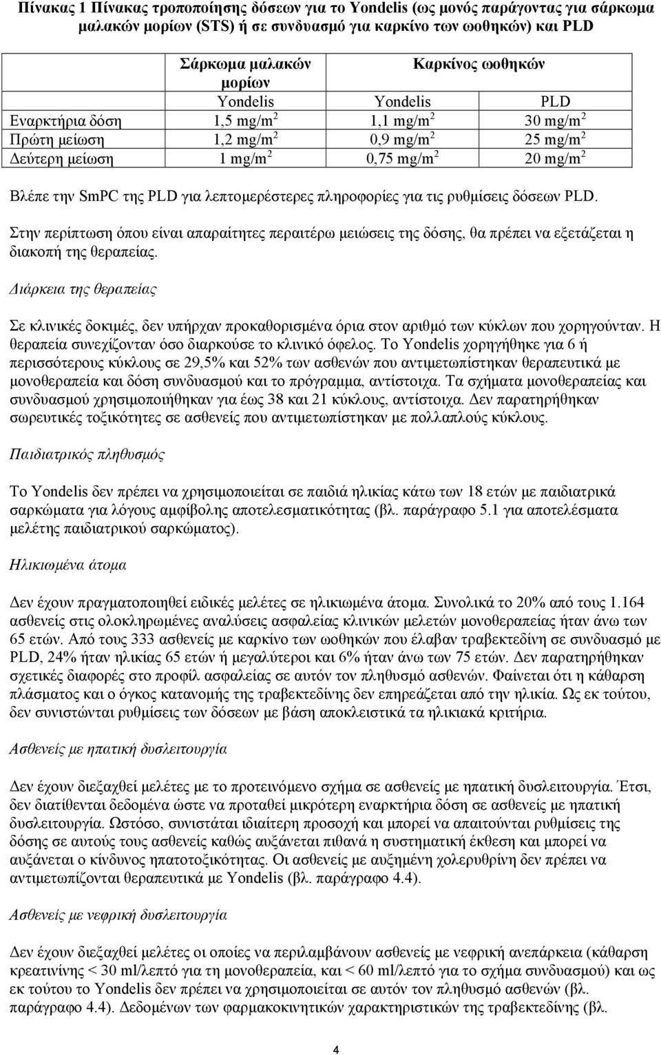 λεπτομερέστερες πληροφορίες για τις ρυθμίσεις δόσεων PLD. Στην περίπτωση όπου είναι απαραίτητες περαιτέρω μειώσεις της δόσης, θα πρέπει να εξετάζεται η διακοπή της θεραπείας.