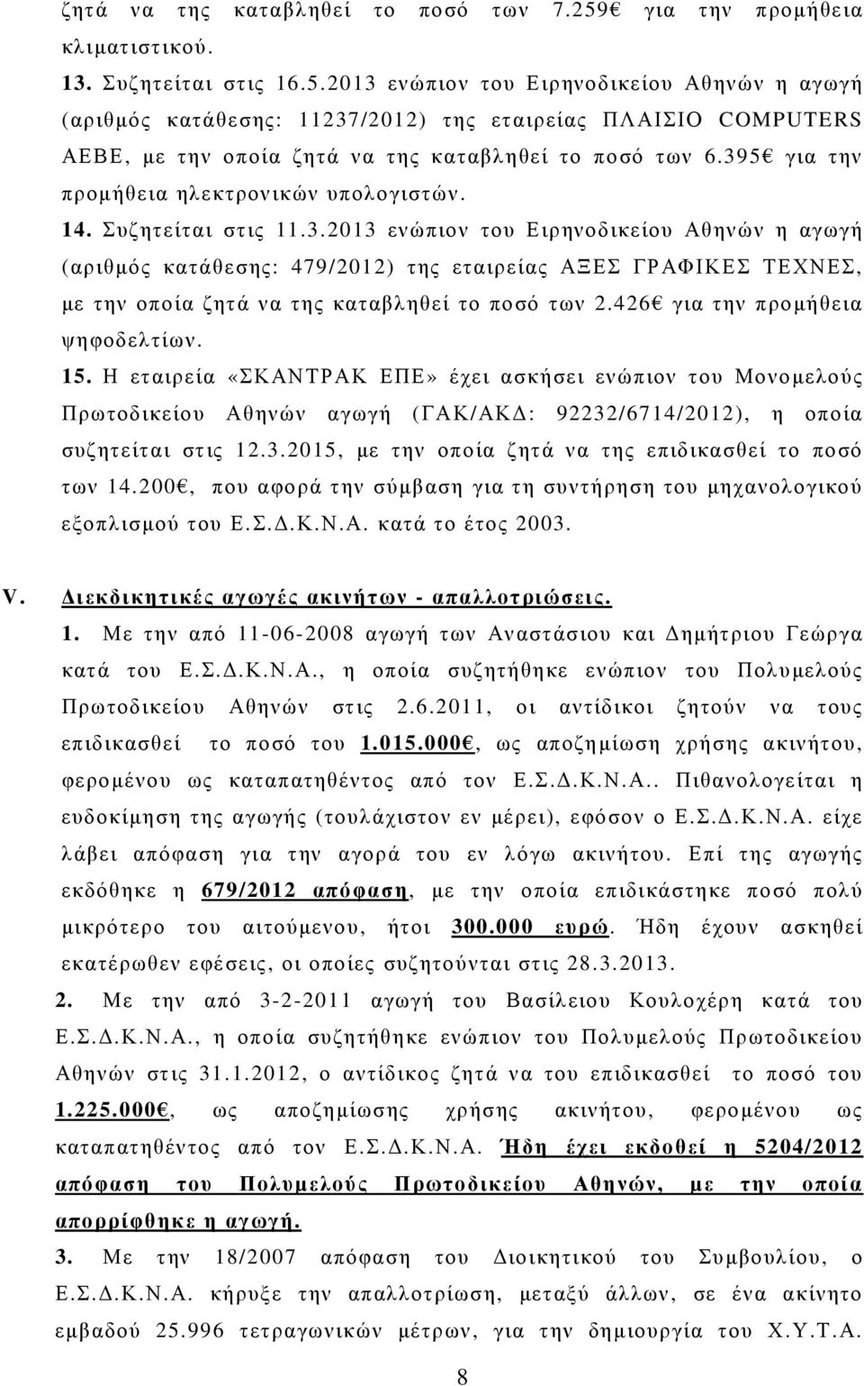 2013 ενώπιον του Ειρηνοδικείου Αθηνών η αγωγή (αριθµός κατάθεσης: 11237/2012) της εταιρείας ΠΛΑΙΣΙΟ COMPUTERS ΑΕΒΕ, µε την οποία ζητά να της καταβληθεί το ποσό των 6.