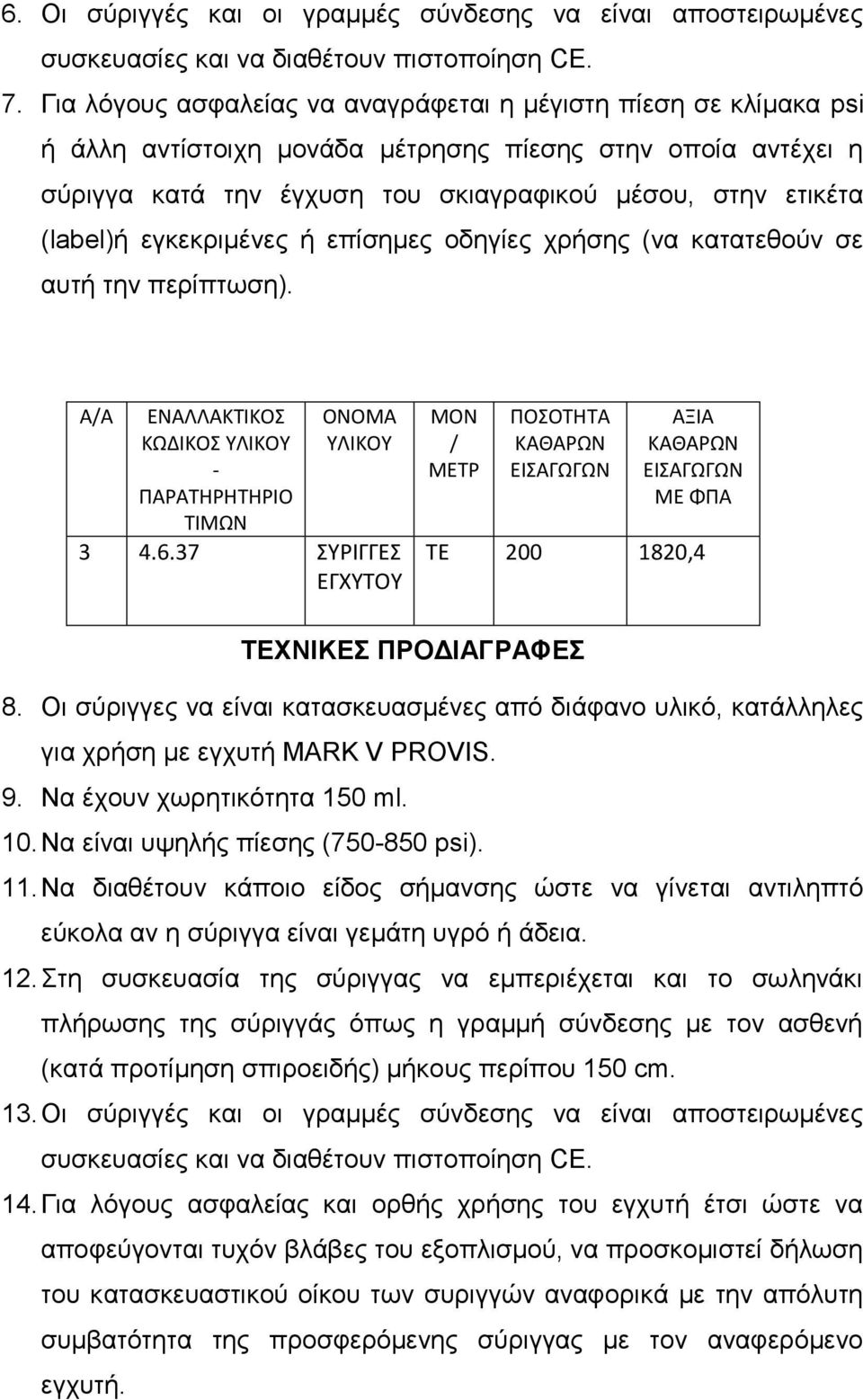 εγκεκριμένες ή επίσημες οδηγίες χρήσης (να κατατεθούν σε αυτή την περίπτωση). ΑΑ 3 4.6.37 ΣΥΡΙΓΓΕΣ ΕΓΧΥΤΟΥ ΤΕ 200 1820,4 8.