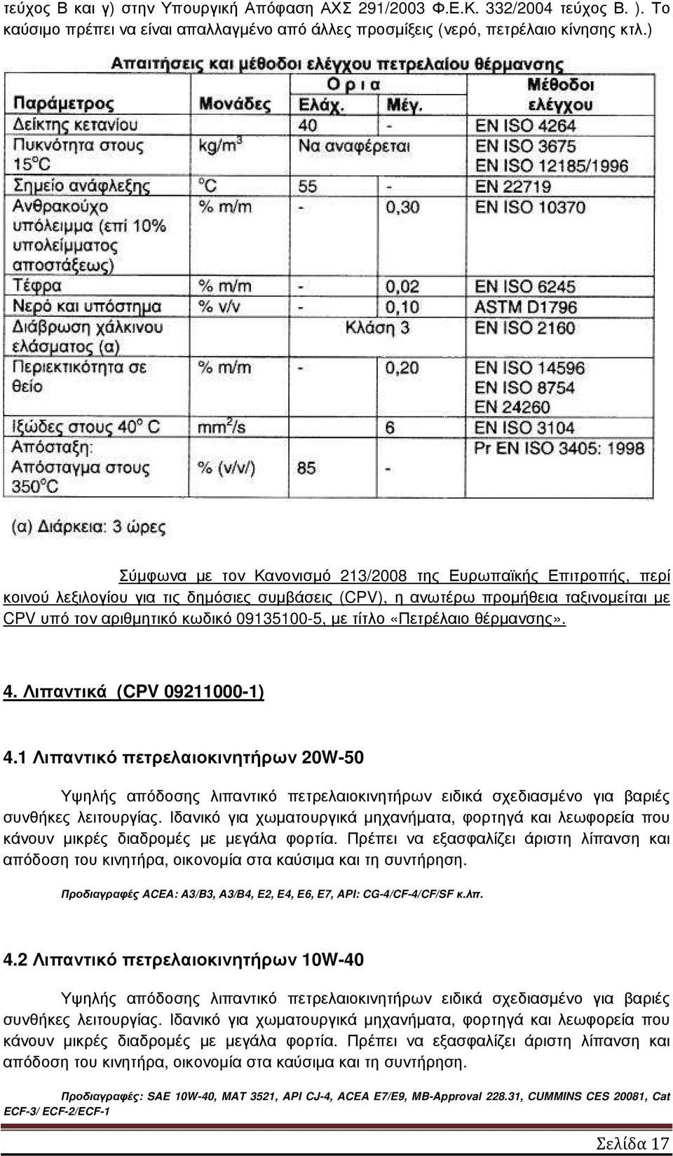τίτλο «Πετρέλαιο θέρµανσης». 4. (CPV 09211000-1) 4.1 Λιπαντικό πετρελαιοκινητήρων 20W-50 Υψηλής απόδοσης λιπαντικό πετρελαιοκινητήρων ειδικά σχεδιασµένο για βαριές συνθήκες λειτουργίας.