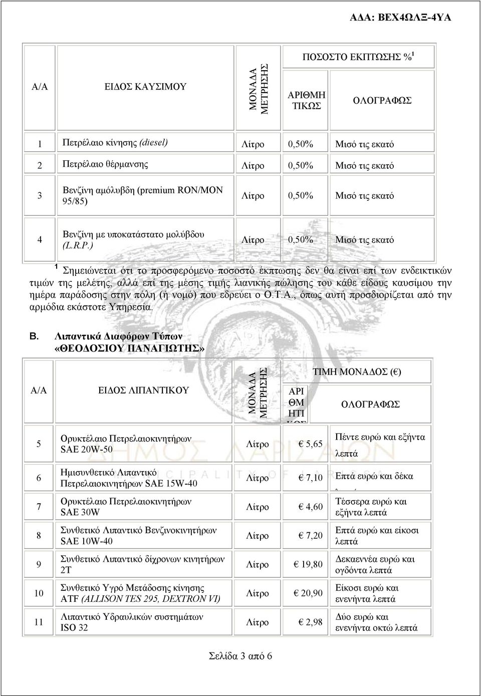 ) Λίτρο 0,50% Μισό τις εκατό 1 Σημειώνεται ότι το προσφερόμενο ποσοστό έκπτωσης δεν θα είναι επί των ενδεικτικών τιμών της μελέτης, αλλά επί της μέσης τιμής λιανικής πώλησης του κάθε είδους καυσίμου