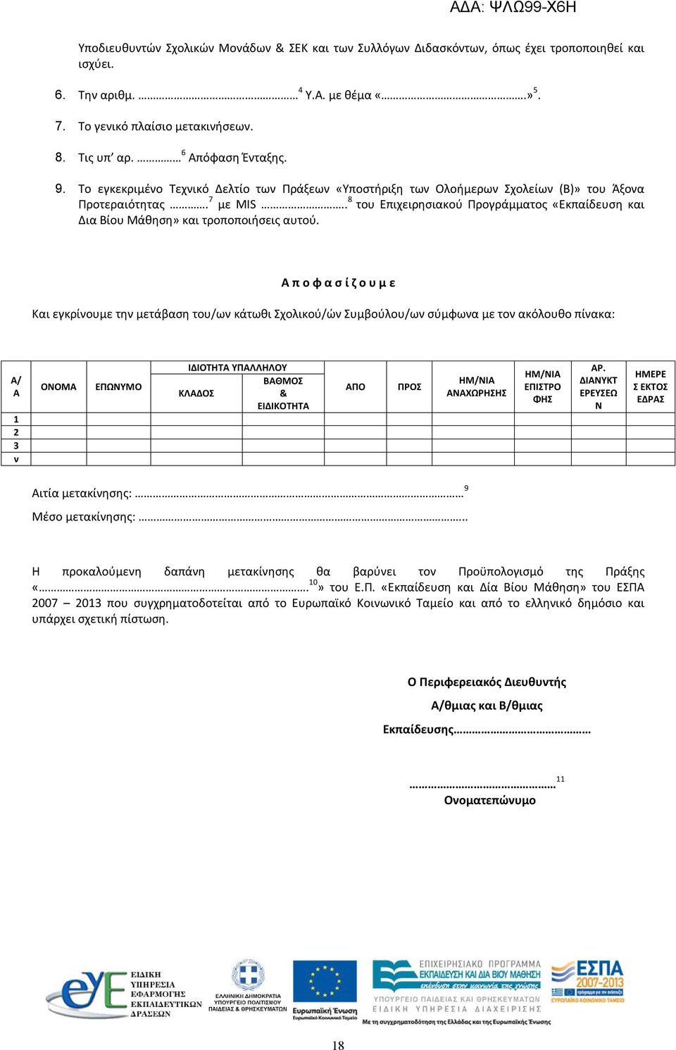 . 8 του Επιχειρησιακού Προγράμματος «Εκπαίδευση και Δια Βίου Μάθηση» και τροποποιήσεις αυτού.